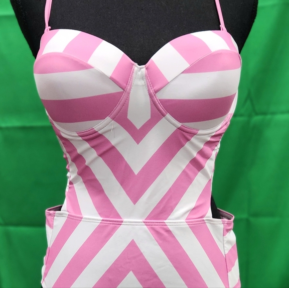 new pink and white stripe bathing suit swimsuit size xl pinup 50s retro barbie - Picture 7 of 11